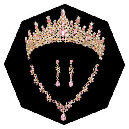 Crystal Crown Jewelry Set for Women Bride Queen Tiara Earrings and Necklace | Metal Royal Crown Costume Jewelry Set Wedding Prom Quinceanera Party Pageant Halloween Retirement Christmas Birthday Gift - color: Pink