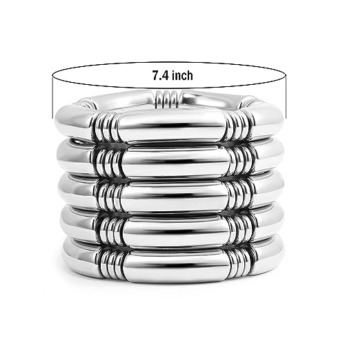 Gold Chunky Bangles Bracelets For Women 14k Gold Plated Stack Layered Curved Bamboo Tube Stretch Bracelets Gift Jewelry - color: 5pcs Silver