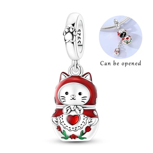 Hapour 925 Sterling Silver Charms for Bracelet Necklace Dangle Pendant Bead | Whale Shark Charm, Glow in the Dark, Matryoshka Russian Doll Baking European Jewelry Charm, 14k Gold Plated - style: Red Cat Matryoshka Doll (Openable)