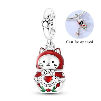 Hapour 925 Sterling Silver Charms for Bracelet Necklace Dangle Pendant Bead | Whale Shark Charm, Glow in the Dark, Matryoshka Russian Doll Baking European Jewelry Charm, 14k Gold Plated - style: Red Cat Matryoshka Doll (Openable)