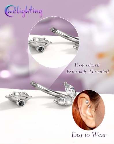 Melighting 16G Flower Rook Piercing Jewelry Marquise Stainless Steel 316L | Delicate Floral Leaf Design, 5A Grade Cubic Zircon, Dainty Eyebrow Piercing - color: Steel, size: 16g8mm