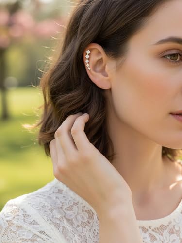 Moissanite 20mm Butterlfy/Flower/Leaf/Bezel Crawler Stud Earrings for Women, 925 Sterling Silver with Gold Plated, Hypoallergenic Cartilage Earrings, Valentines Birthday Anniversary Wedding Gift - color: Round - Yellow Gold
