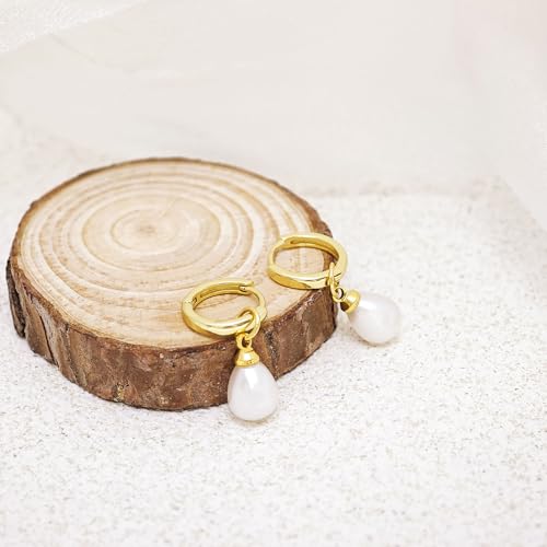 Pearl Earrings for Women Trendy, 14k Gold Plated Freshwater CZ Leaf Pearl Dangle Drop Gold Earrings Lightweight Hypoallergenic Stud Earring Bridesmaid Wedding Gold Jewelry for Women Gifts - style: hoop pearl-gold