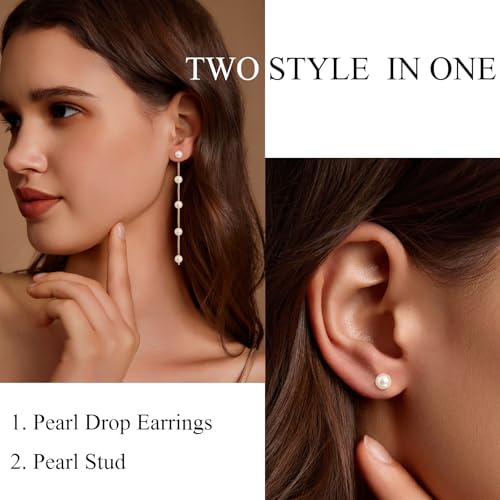 Pearl Earrings for Women 14k Gold/Silver Pearl Drop Earrings Long White Pearl Tassel Dangle Statement Earrings Bridal Wedding Dainty Prom Earrings Birthday Gifts Jewelry - color: 6MM Gold Pearl Drop Earrings