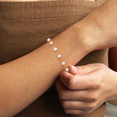 Gold Chain Bracelet for Women, 14K Gold Plated | Dainty Bracelets with Adjustable Chain, Trendy Jewelry Gift for Women - style: Pearl chain