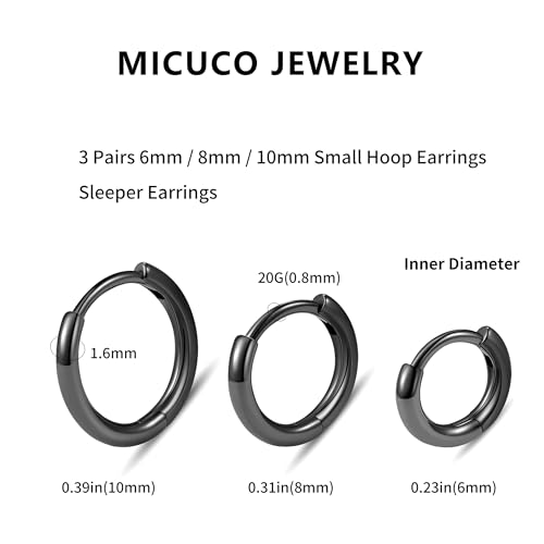 micuco Small Hoop Earrings for Women, Tiny Cartilage Hoop Earrings for Men | Helix Daith Tragus Ear Hugging Hoop Earrings Sleeper Hypoallergenic Earrings - style: A5: 6 8 10mm Black (3 Pairs)