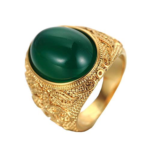 Retro Unisex Stainless Steel Oval Gemstone Hollow Flower Carved Signet Ring - color: Gold-Green