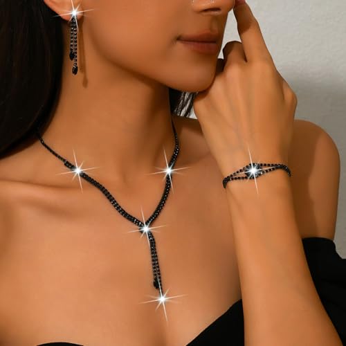 4 Pieces Cubic Zirconia Wedding Jewelry Sets for Bride Rhinestone Bridal Jewelry Set Necklace Bracelet Earring Ring for Brides Bridesmaid for Wedding Party - color: 4 PCS-Black