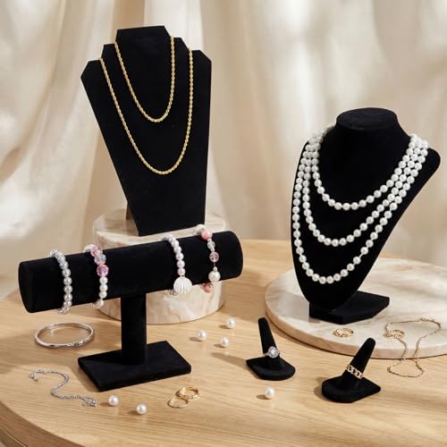 Leinuosen 5 Pcs Velvet Jewelry Display Set for V-shaped and Flat Necklace Bust Stand Ring Finger Holder T Shape Bracelet Stand