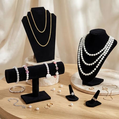 Leinuosen 5 Pcs Velvet Jewelry Display Set for V-shaped and Flat Necklace Bust Stand Ring Finger Holder T Shape Bracelet Stand
