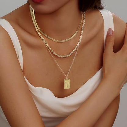 Evabelle Gold Layered Necklace for Women Trendy Jewelry 14K Real Gold Plated Chunky Chain Stackable Necklaces Dainty Choker Necklaces Rectangle Square Pendant - color: Gold Necklace 17