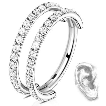G23 Titanium Conch Piercing Jewelry Hoop: 16G 8mm/10mm/12mm Diamond Cartilage Earring Helix Double Piercing Hoop Septum Rings Hypoallergenic Nose Rings Hinged Segment Clicker Lip Rings Rook Daith Tragus Earrings - color: Silver-Double Layers, Two Rows CZ