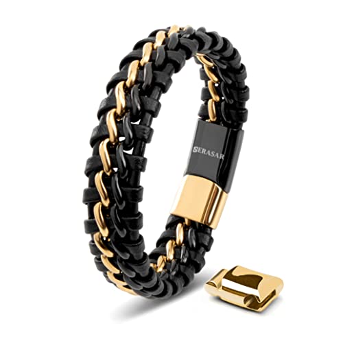 SERASAR | Premium Genuine Leather Bracelet [Steel] for Men in Black | Magnetic Stainless Steel Clasp in Black, Silver and Gold | Exclusive Jewellery Box | Great Gift Idea - color: Gold/Black, size: 20cm