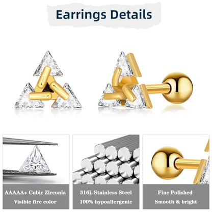 Unisex Geometric Triangle Stud Earrings, Stainless Steel Minimalist Cubic Zirconia Pierced Post Earrings for Men Women - style: Three Zircons-Gold