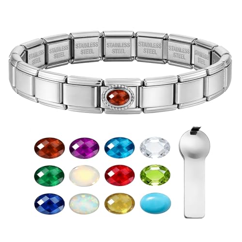 GEMOSA Birthstone Italian Charm Bracelet - 18 Links 9mm x 10mm Stainless Steel Base Bracelet with Birthstone Charm & Link Opener Tool, Polished Silver Finish Jewelry Gift Box Set for Women - color: 01-Jan-Garnet