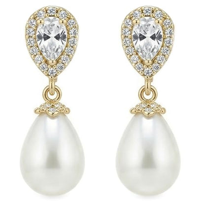 Mariell Pearl Bridal Wedding Drop Earrings with CZ Crystals for Brides, Bridesmaids, Birthday Gift - color: Gold - Clear Cubic Zirconia