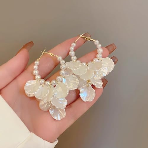Pearl Hoop Dangle Earrings for Women, White Petal Statement Earrings, Floral Drop Earrings, Lightweight Elegant Wedding Vacation Party Jewelry - color: A0028-Petal Pearl Earrings