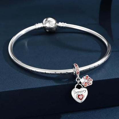 Love Heart Birthstone Dangle Charms Compatible with Pandora Bracelets | 925 Sterling Silver 5A Cubic Zirconia Mother's Day Christmas Birthday Birthstone Gifts Bead Charm Pendants Women Jewelry - color: January Dangle Birthstone Charms