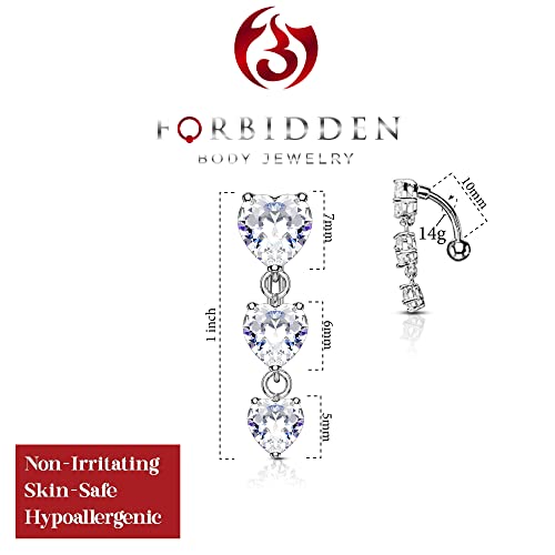 Forbidden Body Jewelry Surgical Steel Sexy Dangle Reverse Mount Triple CZ Vertical Drop Belly Button Ring - color: Steel, Heart CZs