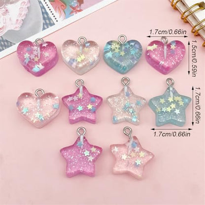10Pcs Transparent Glitter Sequins Cute Bracelet Charms 3D Star Heart Charms for Jewelry Making Earrings Keychain Charm Aesthetic Resin Charm Pendants for Necklaces DIY Jewelry Craft Accessories