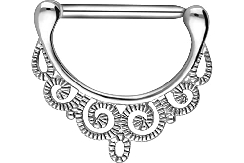 PIERCINGLINE 14G Surgical steel nipple piercing oriental design nipple jewelry barbell 1 PC - color: Silver, size: 14 mm bar length