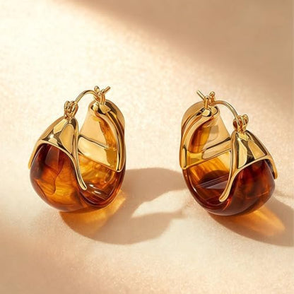 Retro Chunky Gold Brown Amber Hoop Earring, Trendy Boho White Resin Dangling Earrings for Women Dainty Minimalism Daily Party Jewelry Gifts Accessories - color: Brown