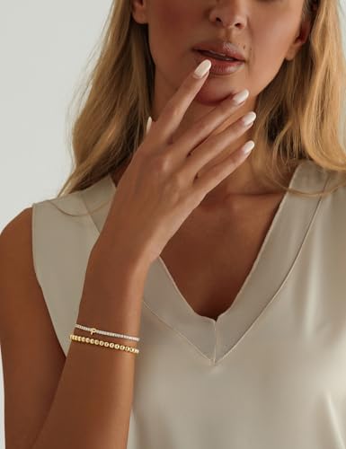14K Gold Plated Bracelets for Women Dainty Tennis Initial Bracelet Trendy Beaded Stackable Charm Bracelets Layered Waterproof Bracelet Dainty Bracelet for Women Jewelry Gifts - style: P