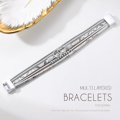 Bracelets for Women, Gifts for Mom Her Christmas Gift 2026 Leather Bracelets for Women Birthday Gift for Daughter Inspirational Wrap Bracelet Sister Friend Teen Girl Gift Layered Stocking Stuffers Jewelry - style: Snakeskin Sliver