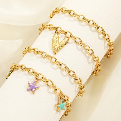 10 PCS Bracelets for Women Stainless Steel Chain Link Bracelet Set | 6.7 Inches with Extender, Jewelry Gifts for DIY, Chains Bulk, Oval, Curb, Figaro Chains, 18K Gold Plated, Silver, Chunky - color: Rolo Gold