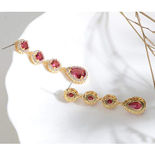 Women's Cubic Zirconia Bridal Earrings - Elegant Long Wedding Party Prom Earring for Bride Bridesmaids Crystal CZ Rhinestone Chandelier Statement Dangle Drop Earrings for girls - color: Red-gold