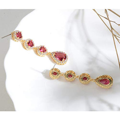 Women's Cubic Zirconia Bridal Earrings - Elegant Long Wedding Party Prom Earring for Bride Bridesmaids Crystal CZ Rhinestone Chandelier Statement Dangle Drop Earrings for girls - color: Red-gold
