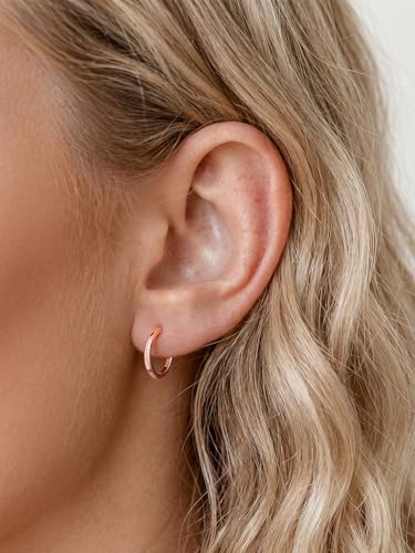 925 Sterling Silver Huggie Hoop Earrings, Small Silver Hoop Earrings for Women Hypoallergenic Huggie Lightweight Small Hoops Earring Cartilage Sleeper Earrings 6/8/10/12/14/16/18/20mm - color: Rose Gold, size: 14MM