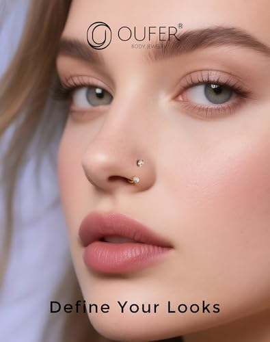 OUFER 2PCS 316L Surgical Steel Horseshoe Nose Rings Hoops, 20G Push Pin Threadless Nose Rings For Women Men, Double Crystal Horseshoe Septum Lip Eyebrow Helix Daith Ear Piercing Jewelry-7mm and 8mm - color: Gold, Clear CZ