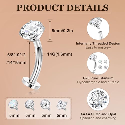 14G G23 Pure Titanium Floating Belly Button Ring for Women Flat Back Petite Belly Navel Ring Hypoallergenic Internally Threaded Navel Ring with Opal CZ Replacement Ball Belly Piercings Jewelry 6-16MM - color: Silver, size: Bar Length 14mm-Long
