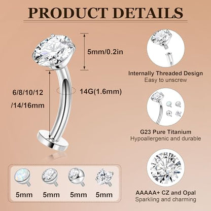 14G G23 Pure Titanium Floating Belly Button Ring for Women Flat Back Petite Belly Navel Ring Hypoallergenic Internally Threaded Navel Ring with Opal CZ Replacement Ball Belly Piercings Jewelry 6-16MM - color: Silver, size: Bar Length 16mm-Longest