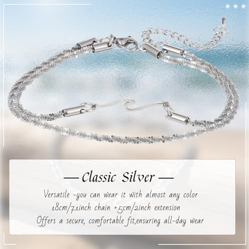 Womens Ankle Bracelets, Silver Double Layer Wave Anklet | Bestie Sister, Best Friend Birthday Gifts, Beach Jewelry