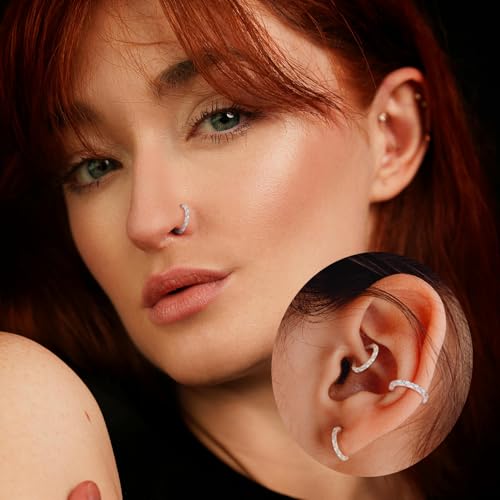PEAKLINK 16G Nose Hoop Ring 316L Surgical Steel Conch Cartilage Helix Earring with Cubic Zircon Tragus Rook Daith Septum Piercing Jewelry 8mm 10mm for Women Men - color: Style2:Silver-Horse Eye CZ