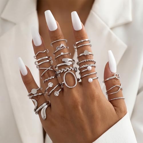 42-Piece Gold Tone Stackable Ring Set for Women, Boho Minimalist Stacking Rings with Crystal & Heart Accents, Adjustable Open Band Jewelry for Daily Wear - style: TZY-003354-01