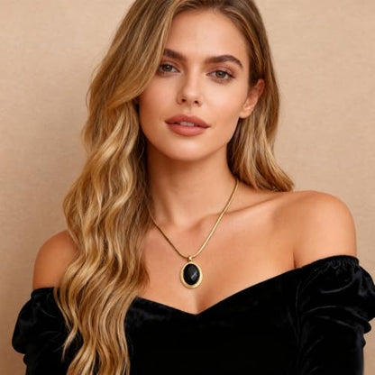 Sonateomber Gold Stone Pendant Necklace for Women, Chunky Statement Dainty Heart Oval Natural Gemstone Dangle Necklaces Wedding Prom Accessories Fashion Jewelry Gift - color: Black Obsidian