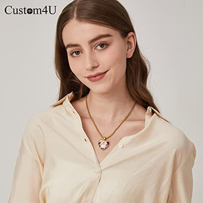 Custom4U Personalized Photo Necklace - Custom Heart/Oval/Round Charm Necklaces with Picture + Chain Adjustable - Stainless Steel/Acrylic Pendant Memorial Jewelry Christmas Gifts for Women - color: B-Gold Color