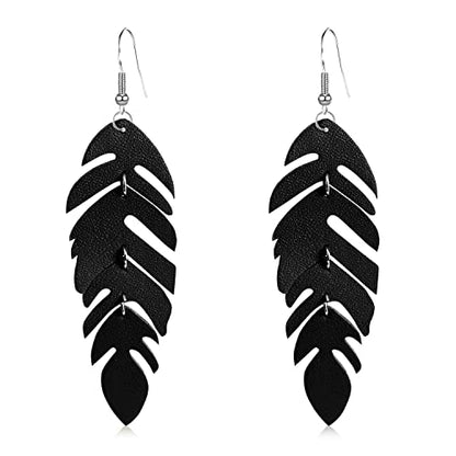 Handmade Unique Lightweight Bohemian Genuine Leather Leaf Dangle Drop Earrings Dainty Sparkly Chain Feather Hook Earring for Women Statement - color: Black