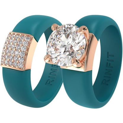 Rinfit Silicone Ring with Stone, Round Cut CZ | AAAAA Grade Cubic Zirconia, Solitaire Engagement Ring for Her, Flexible Rubber Wedding Band for Women, Patented Design - color: Pack P: Ocean / Rose Gold