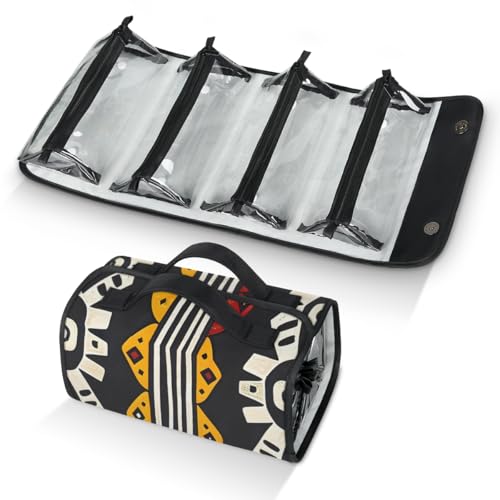 Bohemian Geometric Stripes Hanging Roll Up Cosmetic Bag with 4 Removable Storage Bags Waterproof Foldable Toiletry Kit for Women - color: Multicolor 10