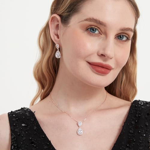 Bridal Jewelry Set for Women, Cubic Zirconia Teardrop Bride Bridesmaid Necklace and Earrings Set for Wedding Prom Formal - color: Rose Gold