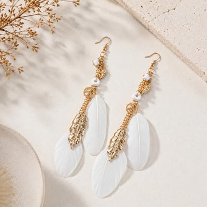 FRESHME Native American Earrings for Women - Ethnic Boho Feather Dangle Jewelry with Tessel for Birthday Party Photoshoot - color: White