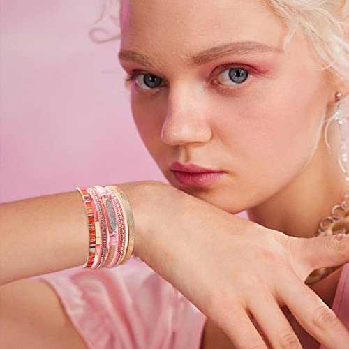 Long tiantian Boho Western Bracelets for Women Leather Wrap Bracelets Turquoise Bracelet Western Jewelry Country Concert Outfits - color: all weather bangles(pink)