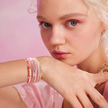 Long tiantian Boho Western Bracelets for Women Leather Wrap Bracelets Turquoise Bracelet Western Jewelry Country Concert Outfits - color: all weather bangles(pink)