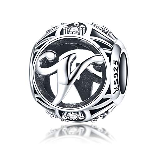 Letter Charms 925 Sterling Silver Initial A-Z Bead Charms | For Bracelets Necklaces, Hypoallergenic,Cubic Zirconia Alphabet Beads, Personalized Gifts for Women - color: V