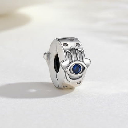 KEQ Clip Spacer Charm for Bracelet 925 Silver Pave Cubic Zirconia Clip Lock Stopper Bead Spacer For Women Bracelets Stopper Birthday Gifts European Openable Beads 2pcs - color: Hamas Hand