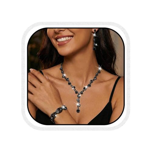 Silver Wedding Jewelry Sets Rhinestone Necklace Earrings Bracelet Set Prom Formal Costume Jewelry for Women and Brides - color: Black